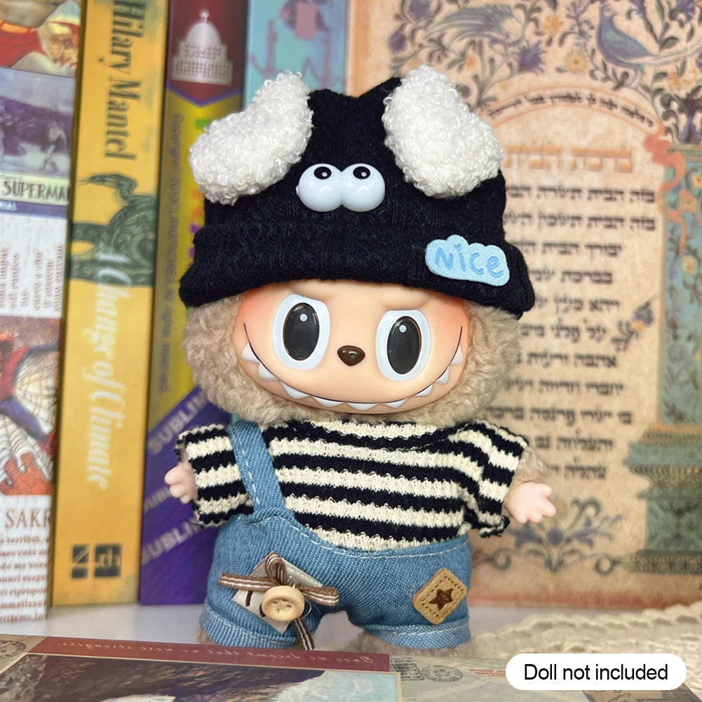 Striped sweater overalls glasses hat