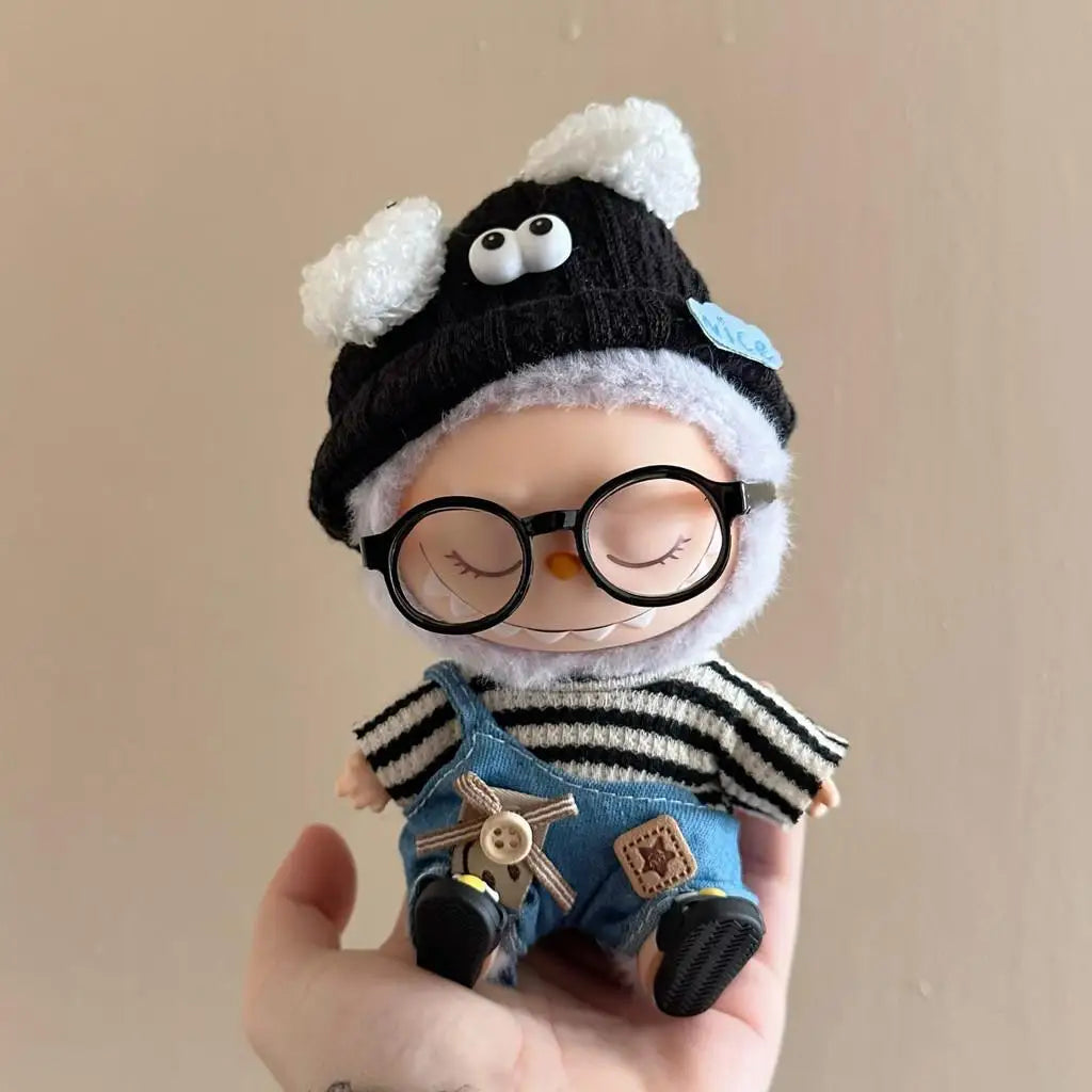 Striped sweater overalls glasses hat