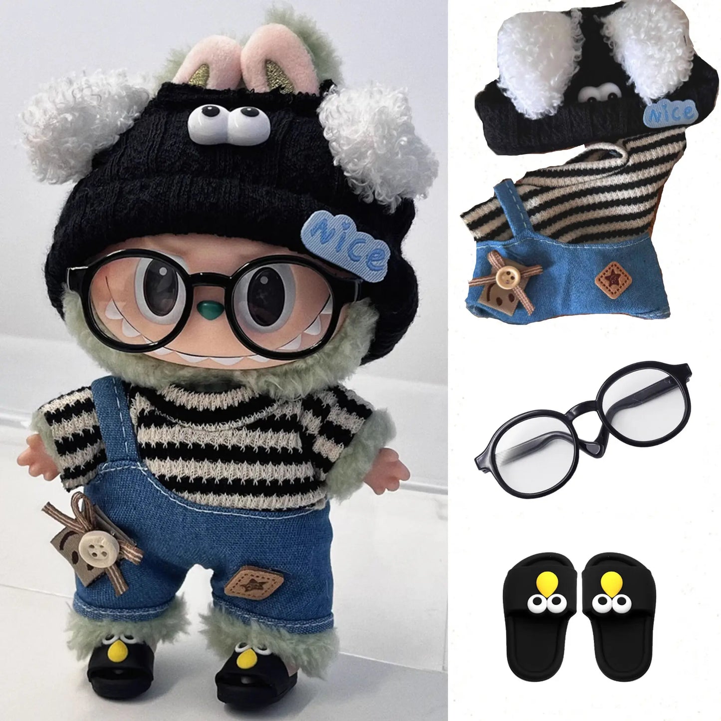 Striped sweater overalls glasses hat